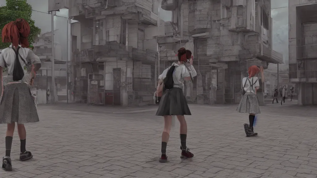 Image similar to cute schoolgirl walk in ghetto, in style of katsuya terada, hyper realism, octane render, 8 k, hyper detailed.