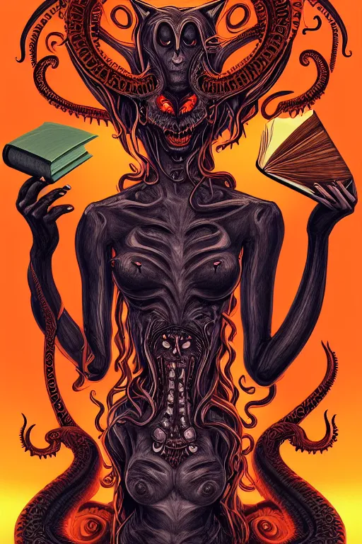 Image similar to ai illustration of demoness, her cat and her book of necronomicon, symmetrical, cinematic, sharp focus, 4 k, ultra hd, sense of awe, sinister demonic atmosphere, dreadful, forbidden knowledge, old gods, cthulhu, yog - sothoth! yah, yah, yah! cultist journal cover