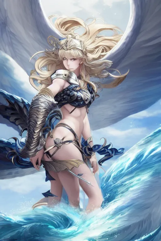 Prompt: beautiful attrative face valkyrie with sea wave and flydragon around her, light flowing hair, anime key visual, absurdly beautiful, highly detailed, sharp focus, concept art, granblue fantasy, anime by serafleur / d pin / rongzhen luo / mingdosa / ruan jia / gemi ningen