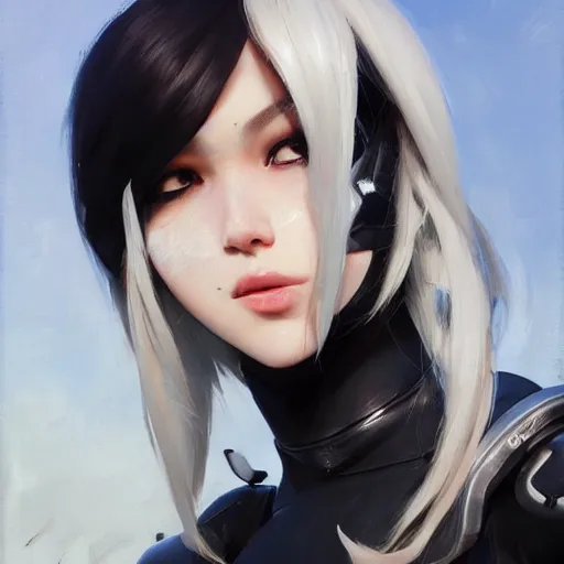 Image similar to greg manchess portrait painting of a 2 yorha type a no. 2 as overwatch character, white long hair, medium shot, asymmetrical, profile picture, organic painting, sunny day, matte painting, bold shapes, hard edges, street art, trending on artstation, by huang guangjian and gil elvgren and sachin teng