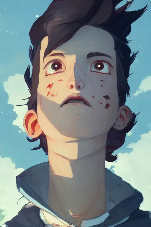 Image similar to a boy looking up into the sky seeing an anxious reflection of himself behance hd artstation by jesper ejsing, by rhads, makoto shinkai and lois van baarle, ilya kuvshinov, ossdraws, that looks like it is from borderlands and by feng zhu and loish and laurie greasley, victo ngai, andreas rocha