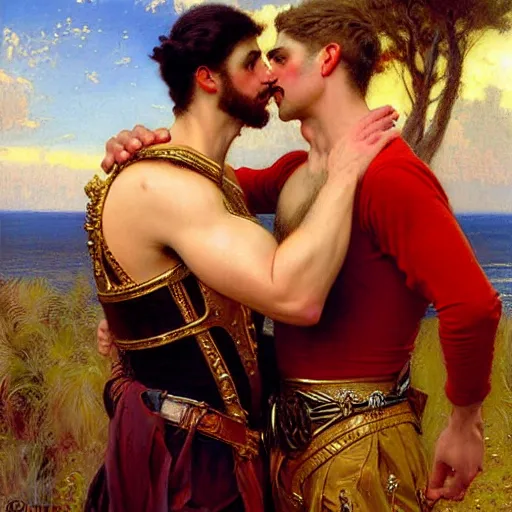 Image similar to attractive fully clothed king confesses his love for his attractive fully clothed male prince. highly detailed painting by gaston bussiere, mark brooks, j. c. leyendecker