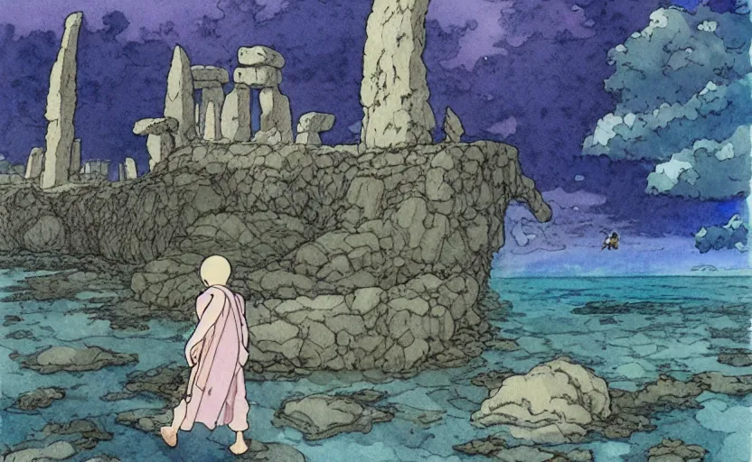 Image similar to a hyperrealist studio ghibli watercolor fantasy concept art. in the foreground is a giant monk in a grey robe lifting a stone. in the background is stonehenge. the scene is underwater on the sea floor. by rebecca guay, michael kaluta, charles vess