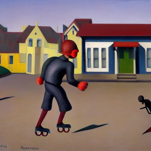 Image similar to spiders on rollerblades, grant wood, pj crook, edward hopper, oil on canvas