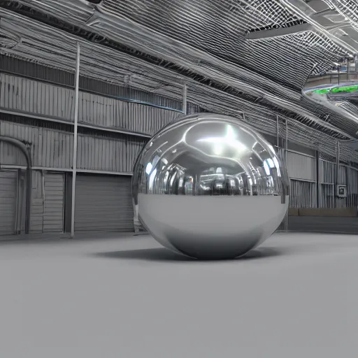 Image similar to big metallic capsule connected to pipelines, purpose is pump, standing in large industrial hall, designed by best engineers, raytracing, reflections