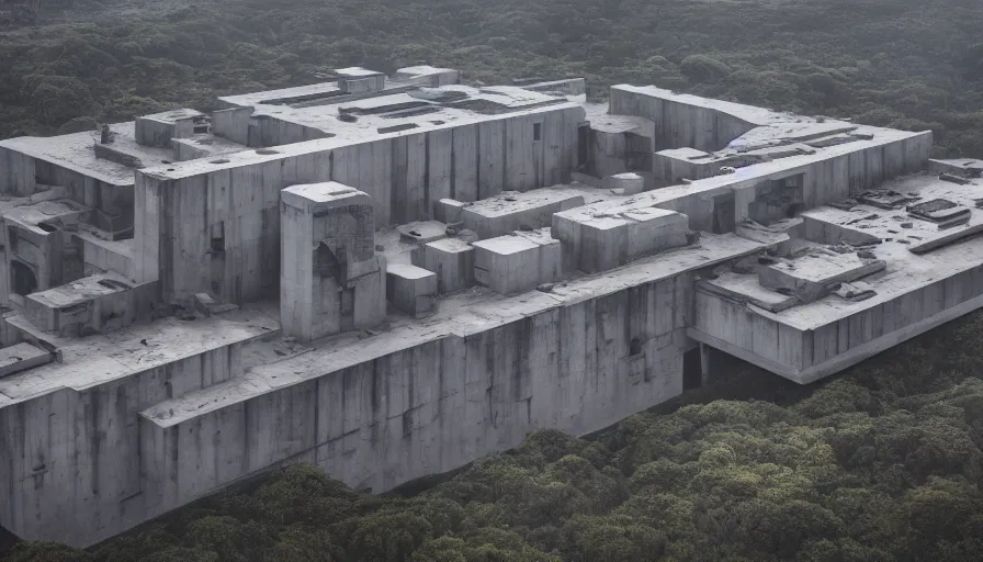 Image similar to big brutalist imperial military base on cliffs, drawing architecture, very long shot, top angle, imperial architecture in rogue one, pritzker architecture prize, brutalism architecture, jan urschel, roger deakins