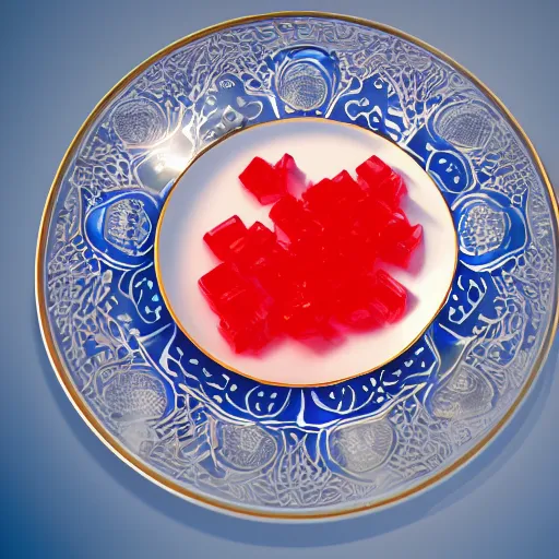 Image similar to cubes of translucent red jelly on a blue and white intricately decorated china plate lit by bright god rays, hyper realistic, 8k, octane render, glistening, shimmering, raycasting, refraction, award winning digital art, masterpiece