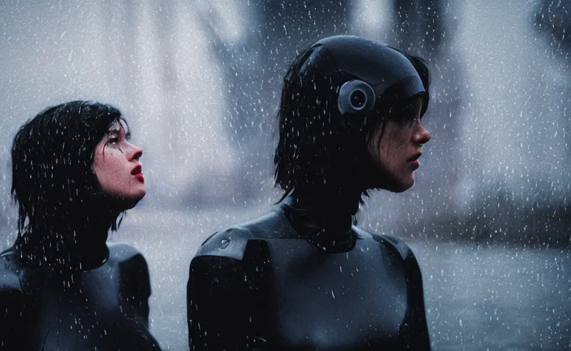 Prompt: cinestill 5 0 d candid action photographic portrait by quentin tarantino of two loving female androids wearing rugged black mesh techwear in treacherous waters, extreme closeup, modern cyberpunk retrofuturism moody emotional cinematic, pouring iridescent rain, 8 k, hd, high resolution, 3 5 mm, f / 3 2, motion blur, ultra realistic faces, ex machina, tesla