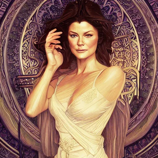 Image similar to beautiful detailed picture of catherine zeta jones, radiant light, art nouveau, intricate, elegant, highly detailed, my rendition, digital painting, artstation, concept art, smooth, sharp focus, illustration, art by artgerm and greg rutkowski and alphonse mucha