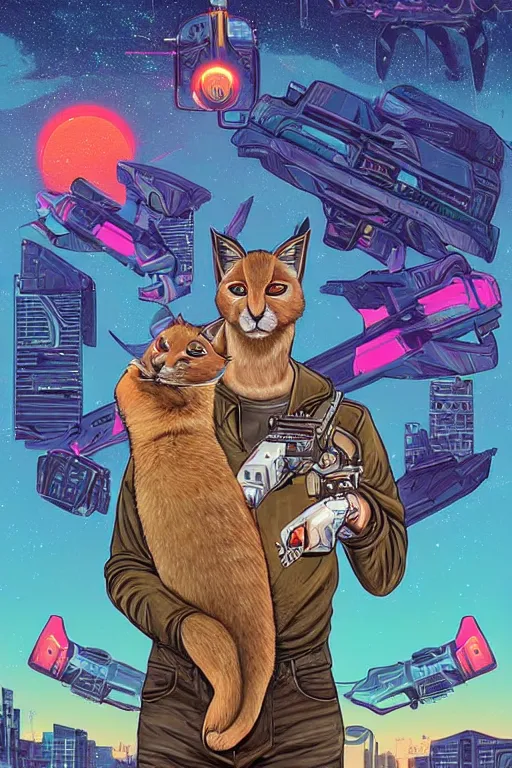 Prompt: a portrait of Ryan Gosling holding a cute caracal with thunders in the sky in a future cybernetic city, outrun style and colours, trending on arstation, by dan mumford, by ross tran