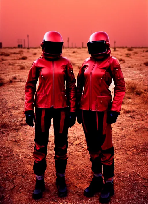 Image similar to photographic portrait shot on cinestill 5 0 d of two loving clones, techwear women on a desolate plain with a red sky, a brutalist dark metal facility in the background, dust storm, 3 5 mm, 8 k, depth of field, high resolution, ultra realistic faces