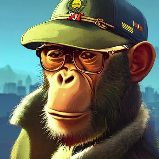 Image similar to [Monkey as president of Banana as GTA character, propaganda!, closeup, D&D, intricate, elegant, highly detailed, digital painting, artstation, concept art, matte, sharp focus, illustration, art by Artgerm and Greg Rutkowski and Alphonse Mucha and Enki Bilal]