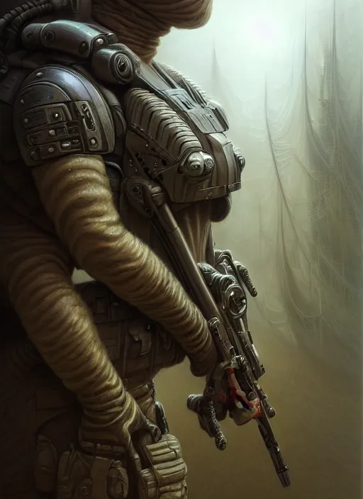 Image similar to closeup portrait shot of a futuristic soldier in a scenic dystopian environment, intricate, elegant, highly detailed, centered, digital painting, artstation, concept art, smooth, sharp focus, illustration, artgerm, tomasz alen kopera, peter mohrbacher, donato giancola, joseph christian leyendecker, wlop, boris vallejo