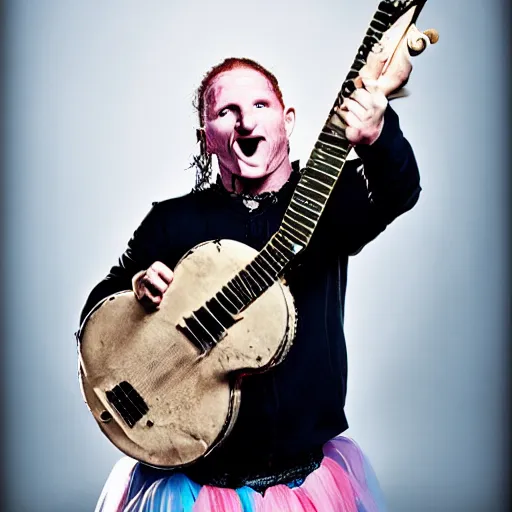 Prompt: Corey Taylor wearing a tutu, playing the banjo. Music magazine cover, band photography, studio lighting