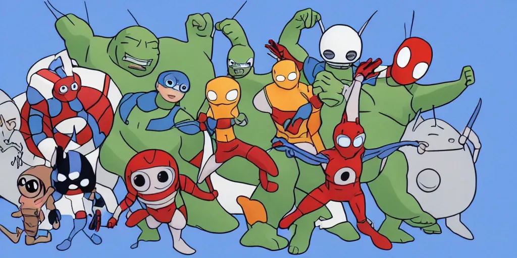 Prompt: the snorks in the avengers, animation, studio ghibli style