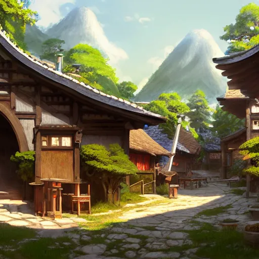 Prompt: concept art painting of a tavern with european and japanese architecture, in a small medieval village surrounded by trees, in a mountain valley, realistic, detailed, cel shaded, in the style of makoto shinkai and greg rutkowski and james gurney