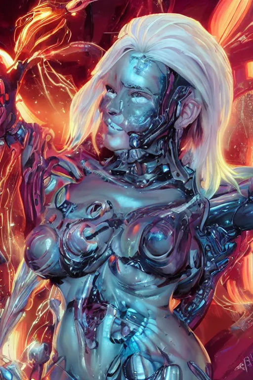 Image similar to comic art,Sprial, a beautiful female six-armed Mutant and Cyborg Sorcerer with white hair dancing in the air,melting,full character design,8k,art by Stanley Artgermm,Travis Charest,Carne Griffiths,trending on Artstation,face enhance,hyper detailed,full of colour,cinematic,dynamic lighting