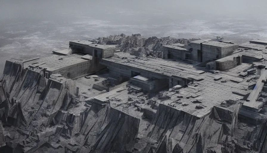 Image similar to big brutalist imperial military base on cliffs, drawing architecture, cinematic shot by greig fraser, very long shot, top angle, imperial architecture in rogue one, pritzker architecture prize, brutalism architecture, jan urschel