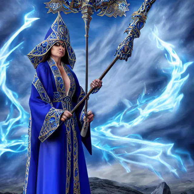 Image similar to elemental sky witch in ornate blue and white robes and staff, highly detailed, 8 k, hdr, anne stokes