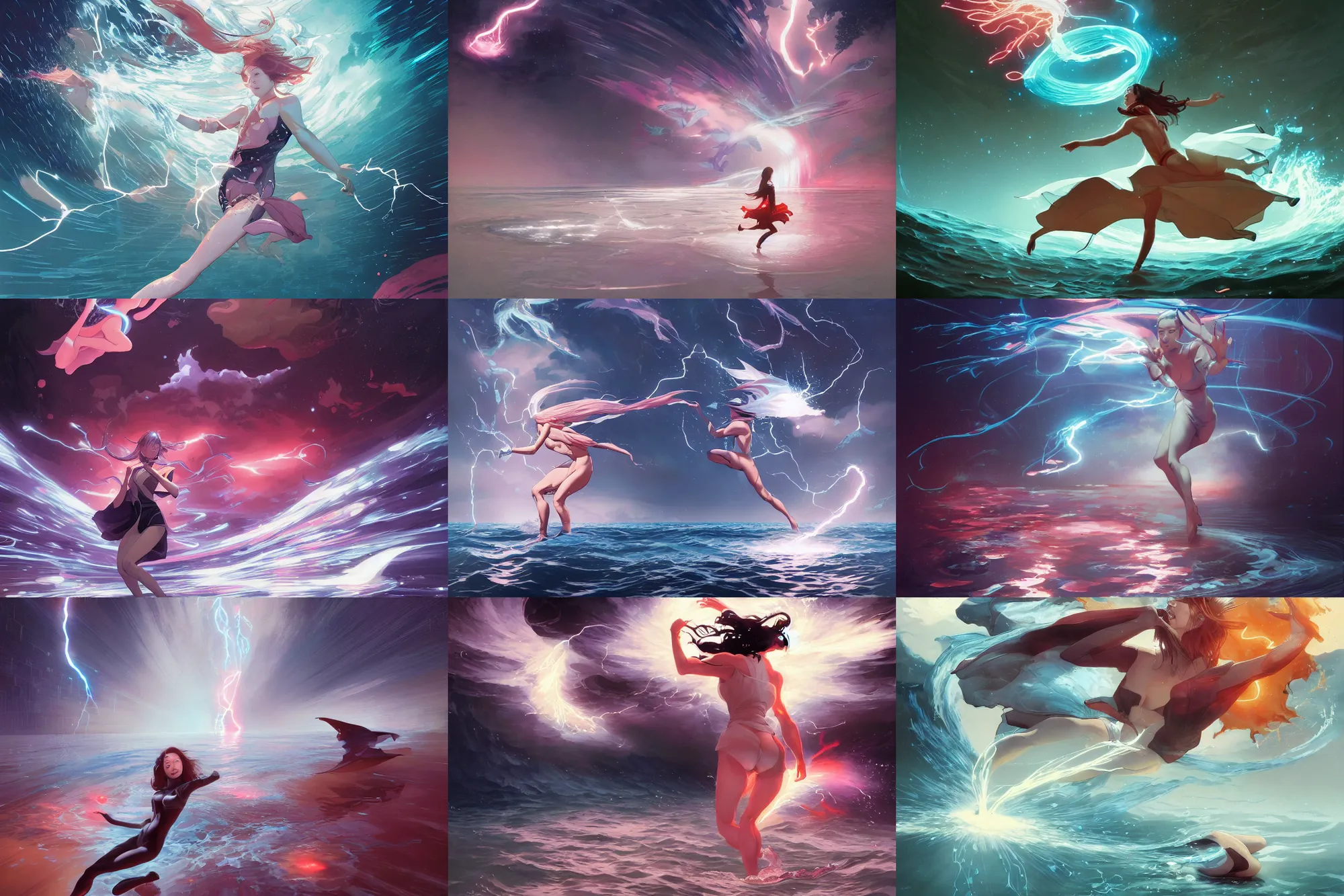Prompt: lee jin - eun running on water at super speed, emerging from multiversal galactic portal, splashes of lightning behind her, zoom, by ilya kuvshinov and peter mohrbacher, and m. k. kaluta, rule of thirds, seductive look, beautiful