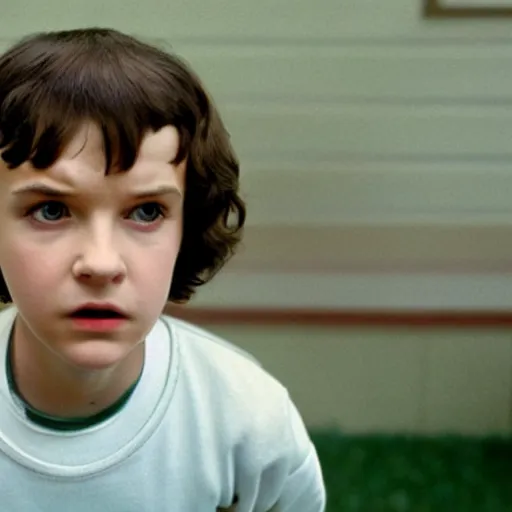 Prompt: A still of Eleven from Stranger Things giving the Kurbick stare in The Shining (1980)