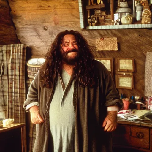 Image similar to Danny Devito as Hagrid in his cabin, 35mm film