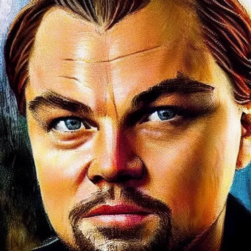 Image similar to “Leonardo DiCaprio, beautiful, golden colors, sharp focus, hyperrealistic impasto”