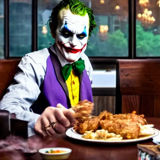 Prompt: cinematic shot of the joker sitting at a table in front of a plate of chicken and biscuits and gravy, 8 k, very detailed, very intricate,