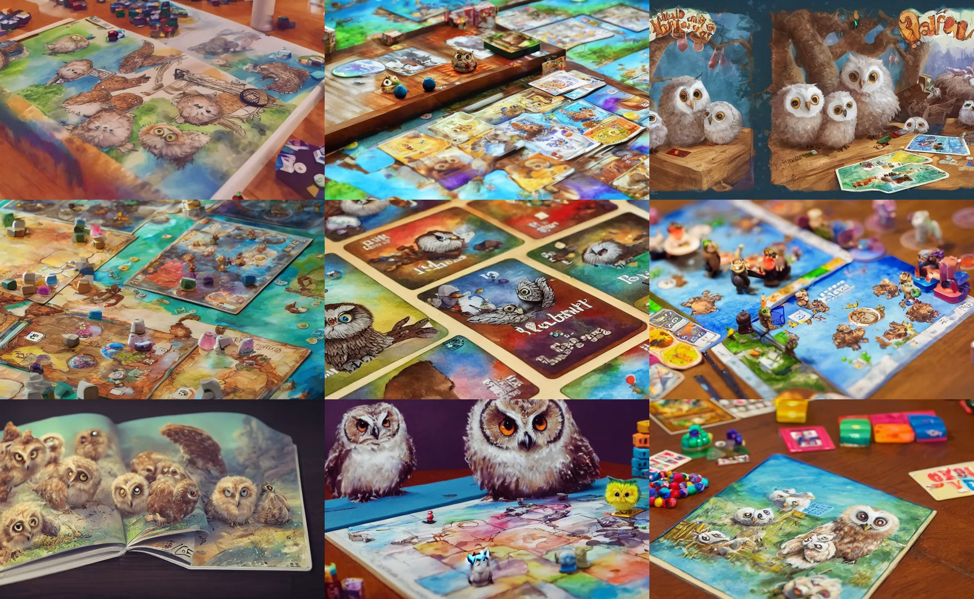 Prompt: board games on a table, with some cute fluffy baby owls, children's book, water color, close-up, artstation, concept art, masterpiece, matte, sharp focus, illustration, art by Ivan Gantschev