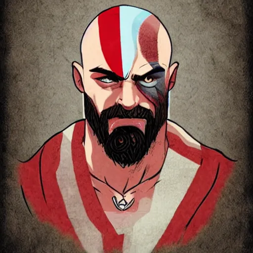 Prompt: an illustration by hipstory of hipster-Kratos from god of war