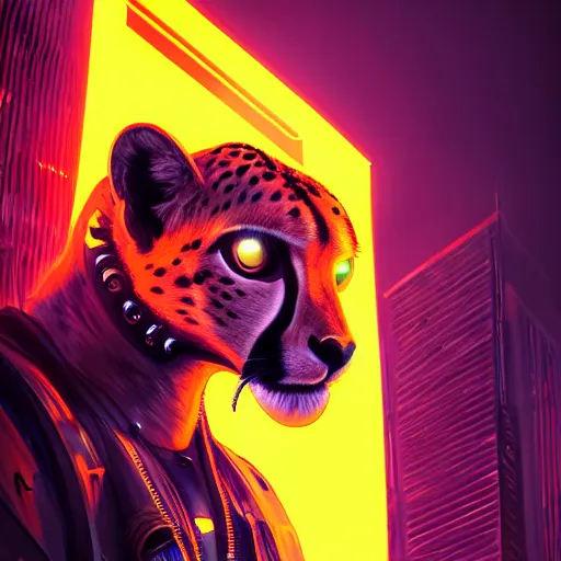 Image similar to a beautiful commission portrait of a male anthro cheetah wearing a neon jacket,futuristic,detailed face,mohawk,cyberpunk city,deviantart,artstation,art by greg rutkowski,ross tran,professional lighting,neon city,night,raytracing,highly realistic,4k,dramatic,hyperrealism