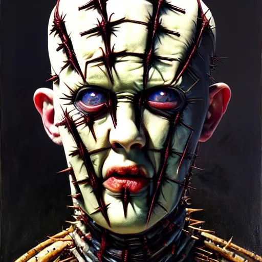 Image similar to portrait of pinhead from hellraiser. demonic cenobite. barbed wire face, blood. oil painting by lucian freud. path traced, highly detailed, high quality, j. c. leyendecker, drew struzan tomasz alen kopera, peter mohrbacher, donato giancola