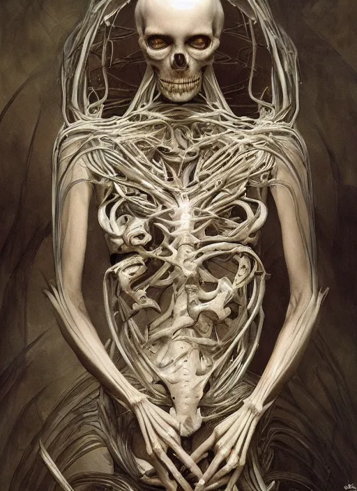 Prompt: skeletal dream, physically accurate, moody dynamic lighting, very very intricate, very very elegant, highly detailed, digital painting, artstation, HR GIGER, Hieronymus Bosch, Francis Bacon, concept art, smooth, very beautiful, sharp focus, illustration, art by artgerm and greg rutkowski and alphonse mucha