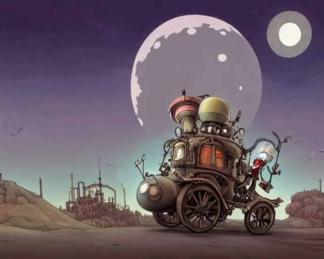 Image similar to a cell shaded cartoon grey lovecraftian mechanized santa from howl's moving castle ( 2 0 0 4 ), with a big head, on a desert road, wide shot, in front of a big moon, muted colors, post grunge, josan gonzales, wlop, by james jean, victor ngai, hq, deviantart, art by artgem