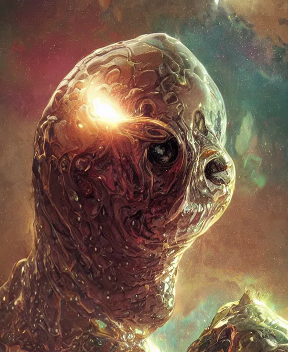 Image similar to portrait of a shining slime dripping abstract insect alien monster, slime, muscles, rippling slime, milky way environment, ultra realistic, concept art, intricate details, eerie, highly detailed, photorealistic, octane render, 8 k, unreal engine. art by artgerm and greg rutkowski and alphonse mucha