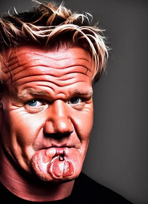 Image similar to 20mm pov photograph of gordon ramsey kissing the lens, big juicy lips, fog on lens, dripping spit, spit flecks, bokeh, cute gordon ramsay