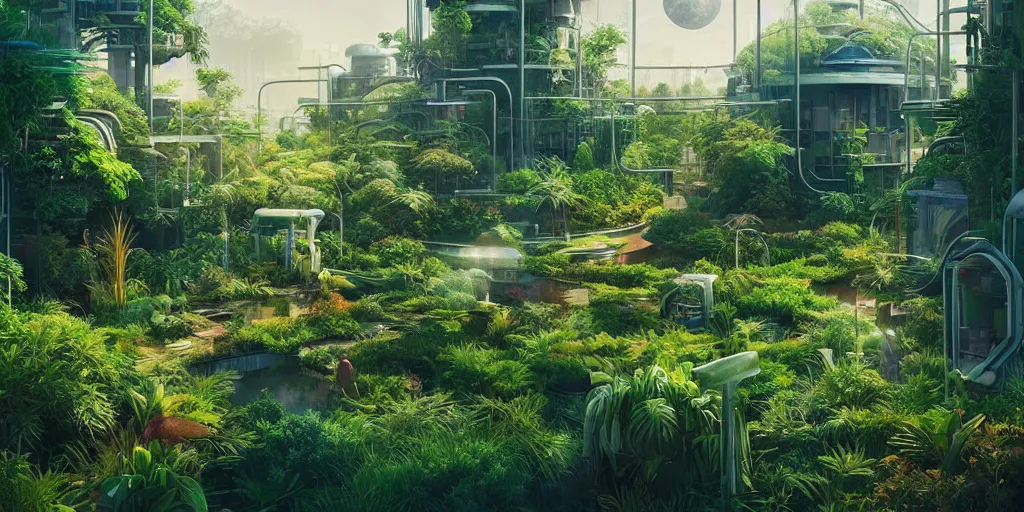 Image similar to solarpunk garden, sci - fi, plants, greenery, digital art by beeple