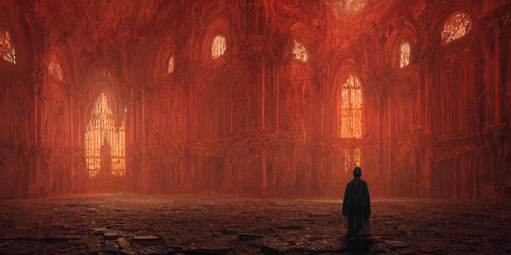 Image similar to a hyper intricate oil portrait red church interior, excellent composition, wide shot, by zdzislaw beksinski, intricate, horror atmosphere, unreal engine 5 highly rendered, global illumination