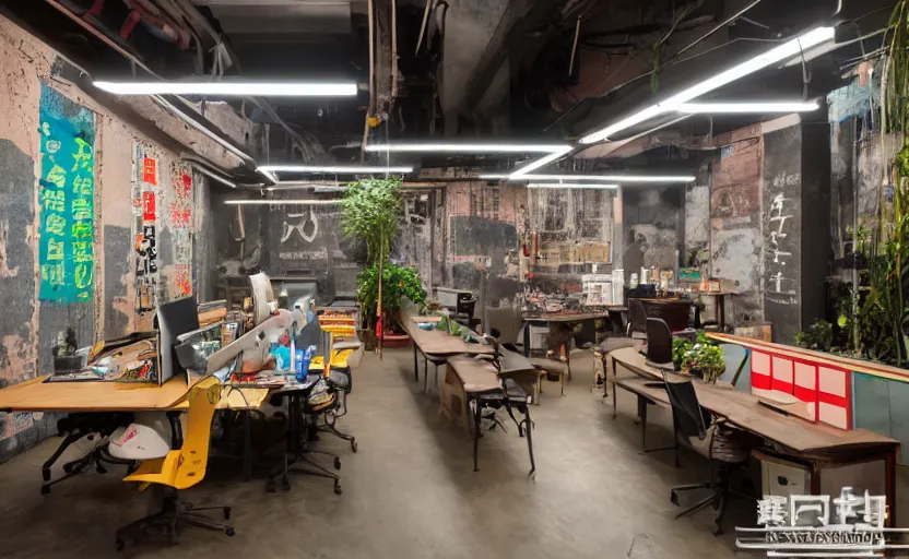 Image similar to Maximalist Japanese work space interior, multiple desks, cupboards, old brick walls, concrete, neon signs, plants, cyberpunk, large windows, Akihabara style