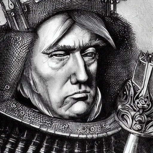 Image similar to donald trump wearing knights armor!!!!, donald trump holding a crazy broadsword, donald trump ’ s highly detailed face, donald trump ’ s handsome face, by hans holbein