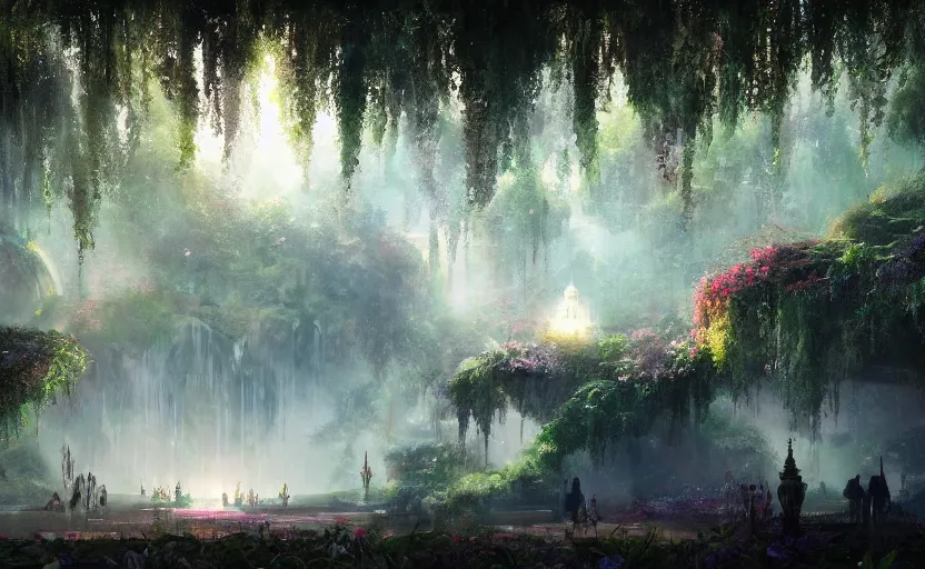 Image similar to Beautiful eden garden, next to a haven and a mystical palace, intricate, elegant, volumetric lighting, digital painting, highly detailed, artstation, sharp focus, illustration, concept art, ruan jia, steve mccurry