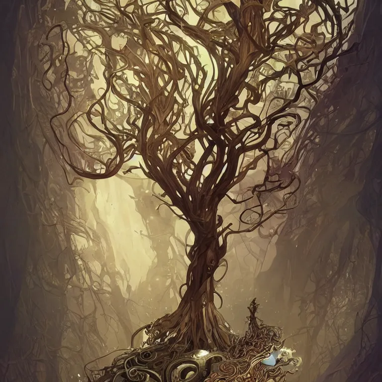 Image similar to a twisted tree of life growing from a mug of hot chocolate, concept art, by Peter Mohrbacher and Alphonse Mucha, detailed, style, 8k, trending on artstation, unreal engine 4k, detailed, clean background trending, full shot, symmetrical portrait, sophisticated, Unreal engine, dystopia, anti-utopia, post processing, psychadelic