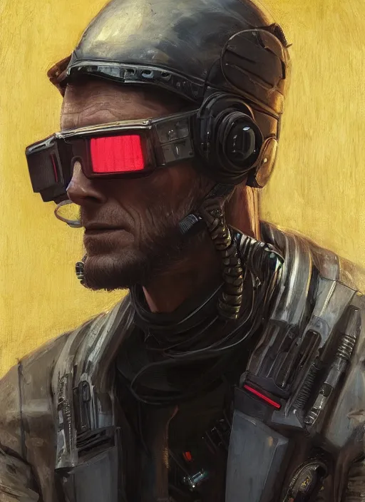 Prompt: clint eastwood. cyberpunk mercenary in a cyberpunk jumpsuit ( blade runner 2 0 4 9, cyberpunk 2 0 7 7 ). orientalist portrait by john william waterhouse and james gurney and theodore ralli and nasreddine dinet, oil on canvas. cinematic, hyper realism, realistic proportions, dramatic lighting, high detail 4 k