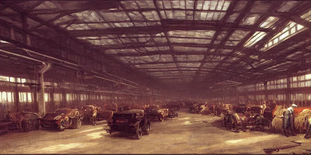 Prompt: Inside an automobile factory, very beautiful painting by Albert Bierstadt