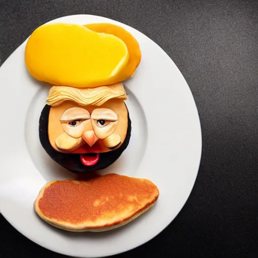 Image similar to Donald Trump anthropomorphic pancake stack, food photography