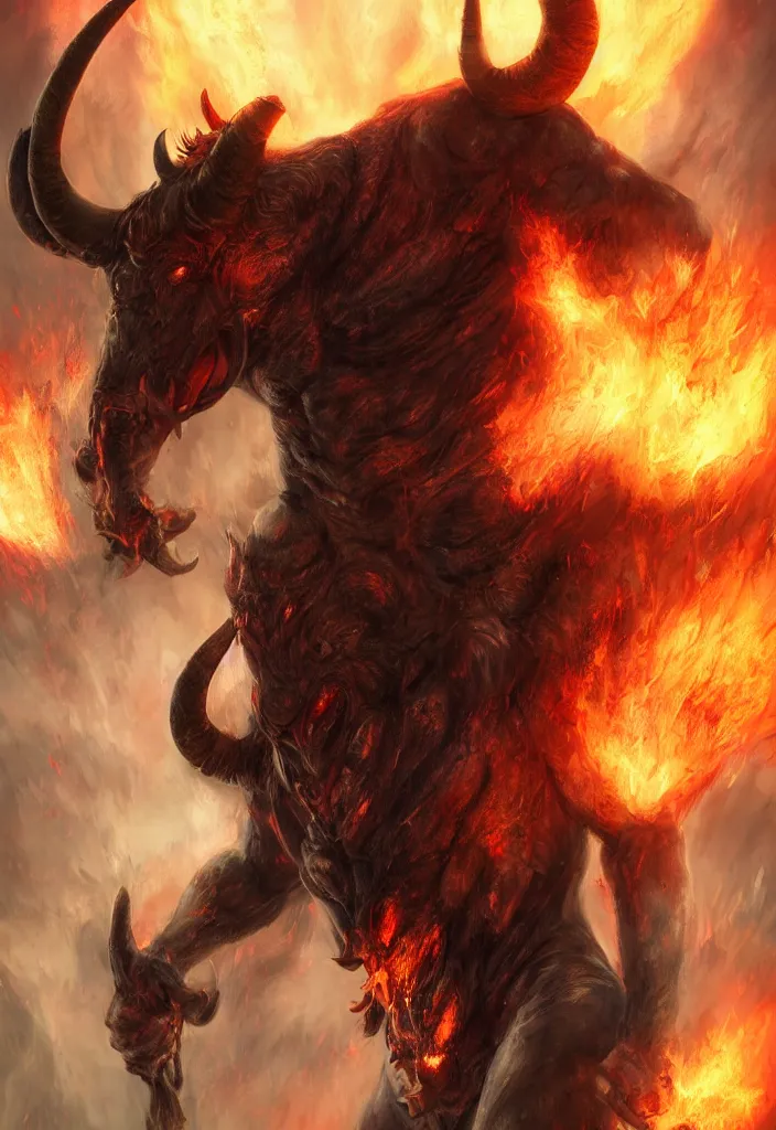 Image similar to a portrait of a gigantic minotaur as a demon in a fiery hell, eerie, dark, magical, fantasy, trending on artstation, digital art.