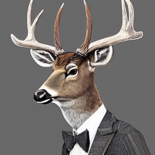 Image similar to a upper body portrait of a deer in a pinstriped suit and pants wearing a fedora with the antlers sticking out of the fedora by artgerm and wlop, intricate detail, digital art, photorealistic, trending on artstation