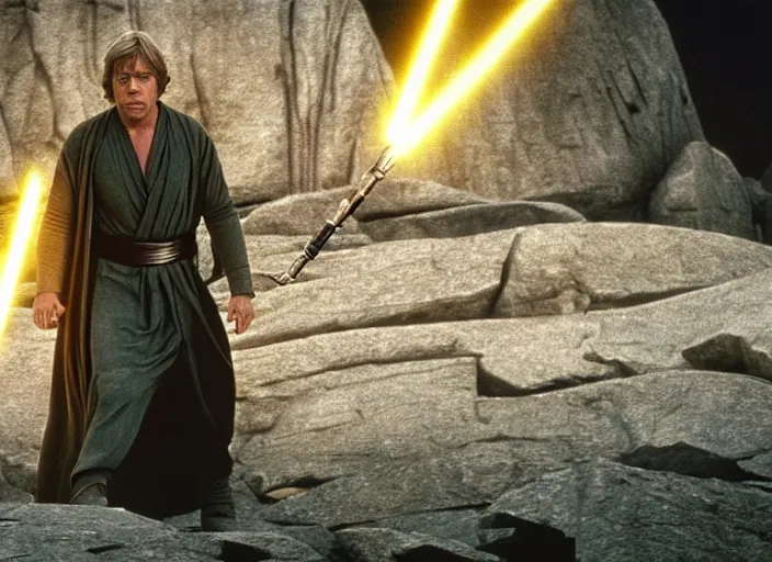 Image similar to epic screenshot from the film of Luke Skywalker, played by Mark Hammill, wearing a gold robe, he is surrounded by hundreds of rocks levitating in the air, outside marble temple, iconic scene from the last jedi, 1980s film directed by Stanley Kubrick, cinematic lighting, kodak, strange, hyper real, stunning moody cinematography, with anamorphic lenses, crisp, detailed portrait, 4k image