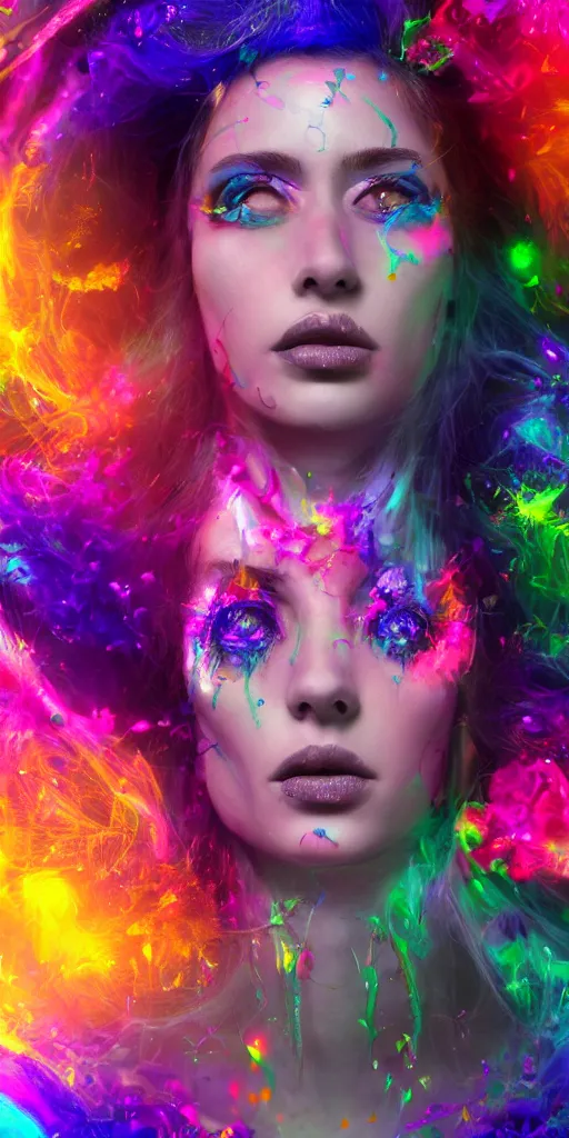 Prompt: impossibly beautiful witch using magic to hypnotize enemies, complexity, horror, psychedelic glitch art, rainbow drip paint, trending on art station, photoreal, 8k, octane render