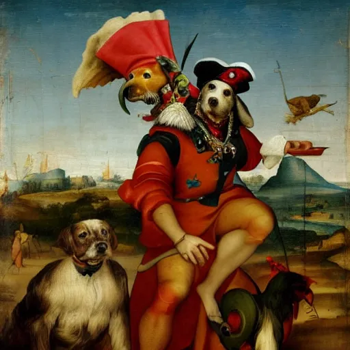 Image similar to a pirate dog with a parrot on it's shoulder, renaissance painting, wide view